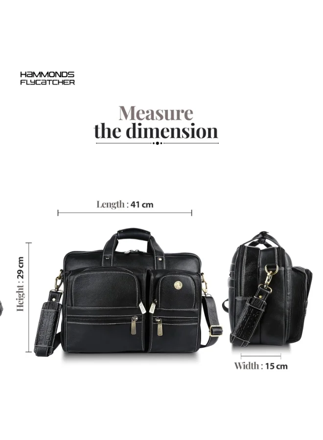 Hammonds Flycatcher  Genuine Leather Office Bag for Men, Premium 15.6 Inch Laptop Bag for Men, Multi Compartments & Adjustable Strap, Ideal for Office, Travel, Daily Use-LB136 BLK  | Best Price UAE